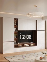Meuble TV mural en bois de luxe moderne, unité de rangement intégrée minimaliste pour salon, centre de divertissement sans poignées