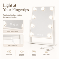 Miroir de Maquillage Carré Pliable de Bureau HD avec Éclairage LED, Finition Blanc Argent, 9 Ampoules LED, Interrupteur Tactile Intelligent en Métal, Grossissement 1X/10X, Vente en Gros DC