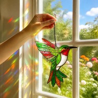 Ensemble de attrape-soleil artisanal en vitrail colibris, en verre cathédrale, à suspendre à la fenêtre, design couleur personnalisé