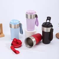 Gobelet isotherme en acier inoxydable à double paroi de 510 ml (17 oz) avec logo personnalisé, paille et sangle de transport pour boissons chaudes et froides