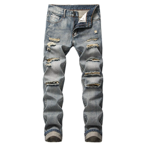 Jeans de algodón para <span class=keywords><strong>hombre</strong></span>, de corte recto y ajustado, con lavado desgastado y múltiples rotos, estilo norteamericano, transfronterizos - Product Image 5