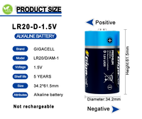 Baterai Gigacell Merek 1.5V D, Baterai Sel D Premium Alkaline 2 Buah dengan Layanan OEM untuk Senter Teknologi Tinggi dan Radio