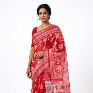 Sari de Algodón Estampado Rojo para Mujer con Materiales Reciclados, Ropa Casual para Todas las Temporadas - Product Image 1