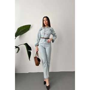 Wholesale Blue Denim Overalls for Summer Loose-Fitting <b>High</b>-<b>Waist</b> <b>Cargo</b> Pants with Printed Logo Casual Streetwear Y2K Style - Product Image 5