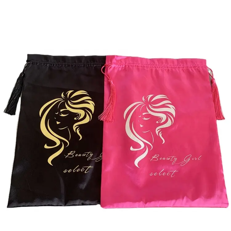 Атласная сумка с логотипом, черная розовая, розовая, атласная сумочка для волос, атласная упаковка для волос с логотипом, сумка для парика на шнурке