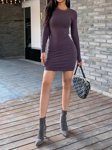 2026 Summer Ladies Clothing High Quality Elastic Solid Color Sexy <strong>Dresses</strong> Long Sleeve Women Mini <strong>Dress</strong> - Product Image 3