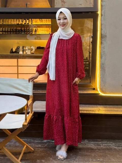 New Elegant Middle East Muslim New Fashion Women Dot Casual Trendy Loose Elegant Lonng Sleeve Dresses With Sashes Female Clothes