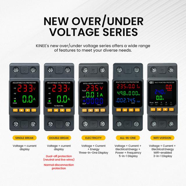 KINEE 63A 220V Digital Over Under Voltage Protector Adjustable Current Relay DIN Rail Surge Protector for Solar & Home Safety