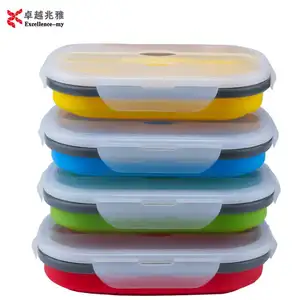 Leaf Proof Reusable Foldable Silicone Lunch Box with PP Fork Spoon Heat Resistant Office Bento Picnic Food Container