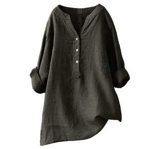 2025 camisa de manga larga con botones y cuello de pico sólido de <span class=keywords><strong>moda</strong></span> Vintage para mujer europea americana para primavera y verano - Product Image 4