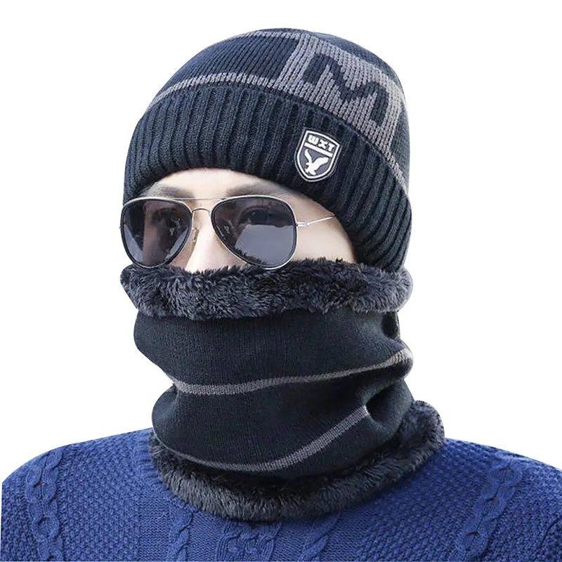 wholesale winter high quantity warm knitted hat and protection neck two piece set adults unisex fashion warm hats for man woman