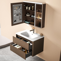Meuble-lavabo/coiffeuse de salle de bain de luxe en acier inoxydable effet bois, avec miroir intelligent intégré et vasque en céramique, pour hôtels