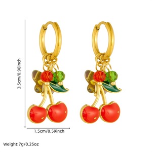 Fashionable Gold Plated Cherry Pendant Hoop Earrings With Iridescent Butterfly And Colorful Beads For Party Wear - Product Image 4