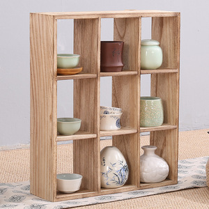 Solid Wood Wall Mounted <b>Display</b> <b>Shelf</b> Rectangle Multi Compartment Teapot Storage <b>Unit</b> For Tea Set Organization - Product Image 2