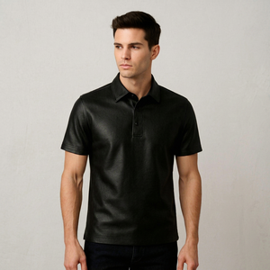 Hot Selling <b>Men</b> Wholesale Custom Made <b>Black</b> Genuine Leather Breathable <b>Short</b> <b>Sleeve</b> Casual <b>Shirt</b> Customized Design Custom Logo - Product Image 1