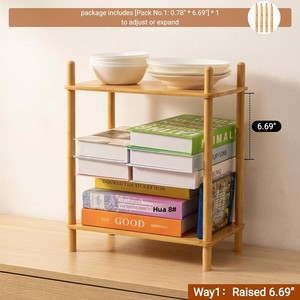 WooFawn Étagère de Rangement de Bureau Extensible à 2 Niveaux en Bambou, Ajustable et Empilable, pour <span class=keywords><strong>Cuisine</strong></span>, Maison, Bureau, Salle de Bain, Présentoir - Product Image 3