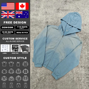 Sudadera con capucha unisex azul claro con cremallera y pedrería de cristal, OEM, de lujo, brillante, estilo urbano, con efecto descolorido por el sol, 100% algodón - Product Image 2