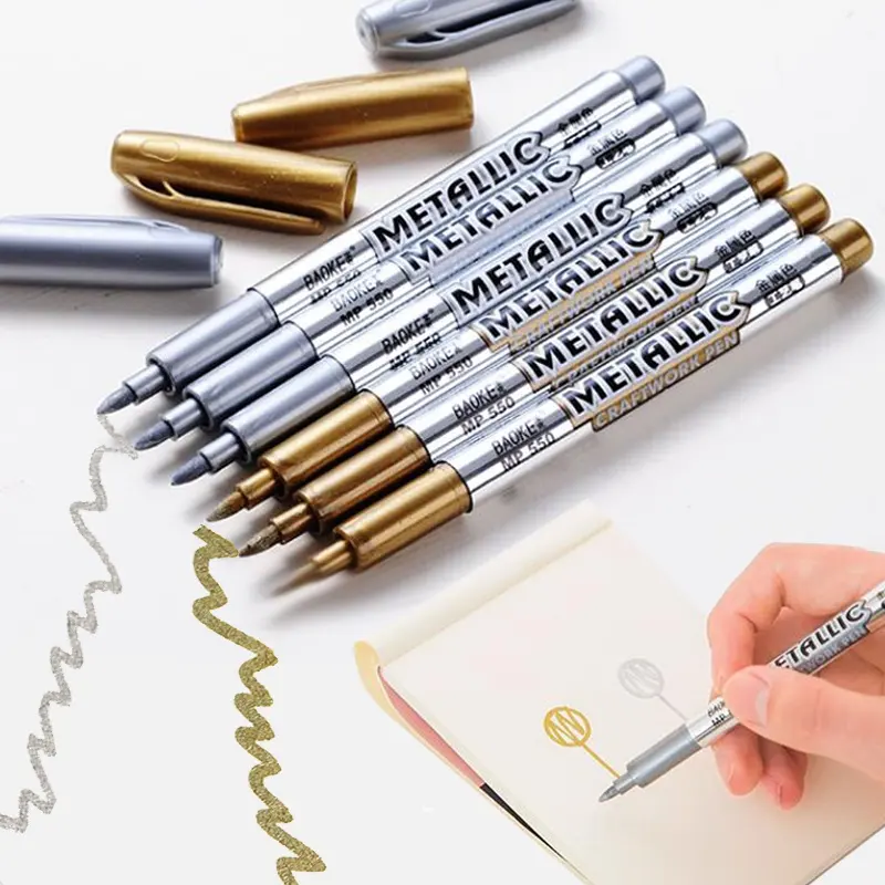 BAOKE — stylo artisanal métallique argent et or, 12 pièces, pour bricolage, en verre, bois, plastique, marqueurs en céramique, fabrication de cartes