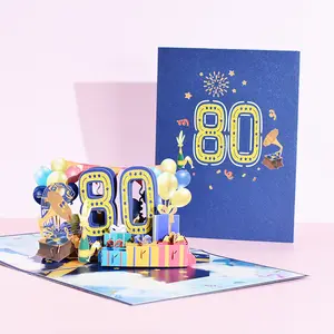 3D 팝업 생일 축하 종이 인사말 카드 봉투 80 번째 생일 초대 카드