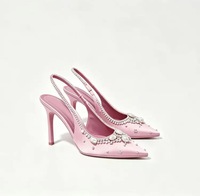Certifié CE |   Escarpins élégants roses en satin à talons hauts, dos nu, avec décorations de perles et strass, à bout pointu, disponibles en OEM