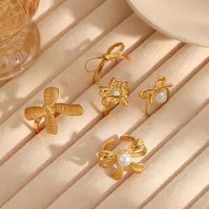European American Style Bow <b>Ring</b> Gold <b>Adjustable</b> Women's Jewelry Gift Fashionable Geometric Design - Product Image 2