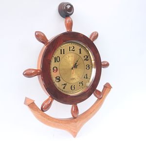 Décoration murale en bois artisanal en forme de roue de bateau nautique, horloge à ancre # 1 Peinture durable moderne naturelle polie - Product Image 1