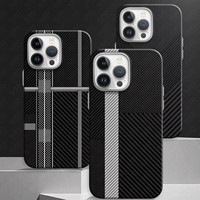 Étui LUXO Design pour iPhone 15 Pro Max, classique, triple rayures, fin, en PC, magnétique, en fibre de carbone, avec cadre de caméra en métal