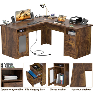 Bureau de direction en forme de L Unikito avec tiroir, prises électriques, ports de charge USB, écologique, gain de place, armoire de rangement pour 2 personnes - Product Image 1