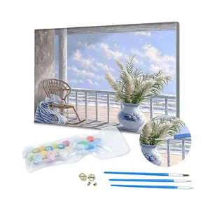 Popüler 40*50cm deniz manzarası serisi Diy boyama numaraları arka bahçesinde görünümü deniz sanat hediye ile ahşap çatkı duvar dekorasyon