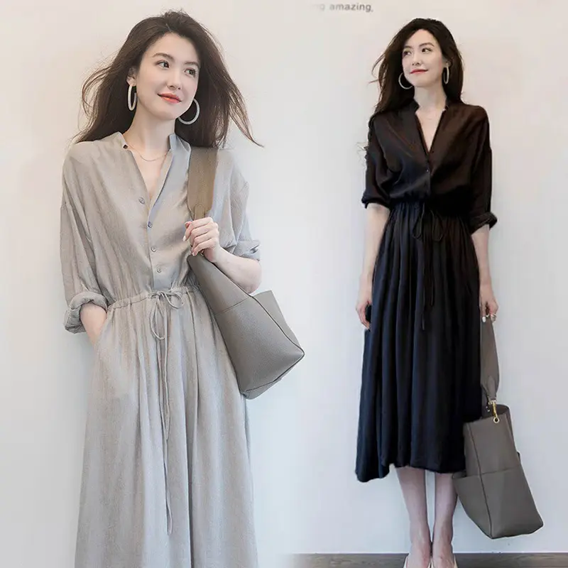 Fashion V-neck autumn long shirt skirt women long sleeve linen office lady dress casual loose clothing A-line casual dresses