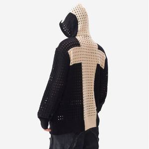 Suéter de punto al por mayor de manga larga con logo personalizado, chaqueta de lana con capucha y cremallera, diseño cruzado hueco y hombros caídos. - Product Image 4