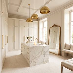 <span class=keywords><strong>Dressing</strong></span> en L de luxe <span class=keywords><strong>blanc</strong></span> crème avec poignées dorées, îlot de toilette en marbre, style français, armoire sur mesure - Product Image 1