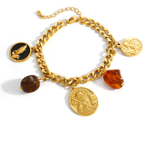 Stainless Steel <b>Bracelet</b> 18k Gold Plated Cross Pendant Retro Style Jewelry <b>Set</b> for Women - Product Image 5