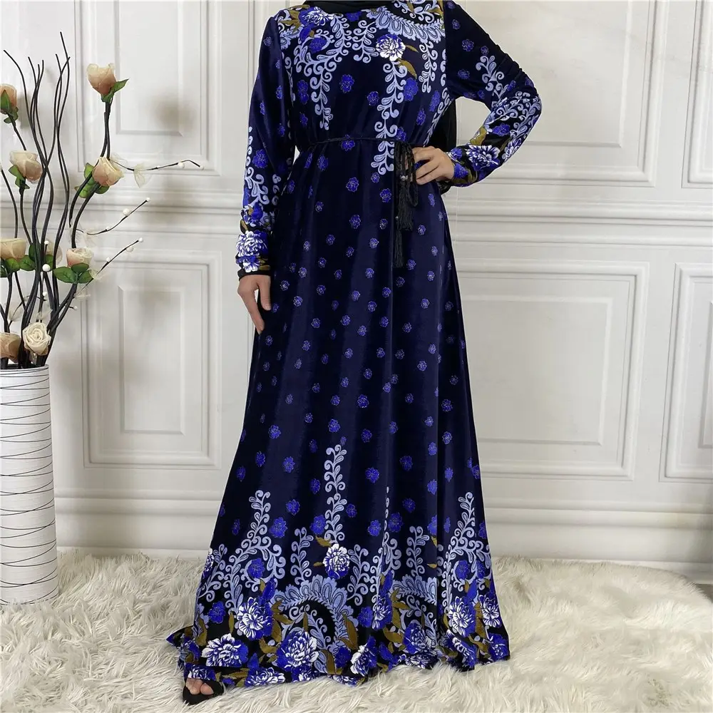 Vestido de veludo com estampa de flores, feminino, elegante, hijab, abaya, cafetã, islâmico, árabe, marrocos