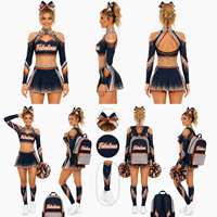 Gaun Pertunjukan Cheerleading Lengan Panjang Berlipit dengan Logo Chic, Rok Lipit, Kristal AB Trendi, Seragam Fleksibel Premium Spandex