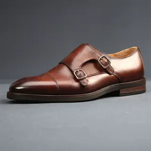 British Style Men's Square Toe Business Genuine Leather Formal Leather Shoes Trendy Goodyear Handmade Monk Shoes