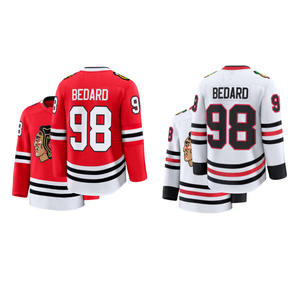Camiseta de Hockey Chicago Blackhawks Bedard 98 para Hombre, Roja y Blanca, Estilo Deportivo Informal para Casa y Viajes, Transpirable, Sin Cuello, 100% Deportivo - Product Image 1