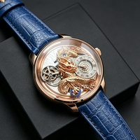 Montre mécanique pour homme Astronomia Dragon Series, saphir incurvé, cadran sculpté en 3D avec dragon doré, bracelet en cuir véritable bleu