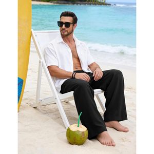 FOXA Linen Cotton Pants Men Wide Leg <b>Elastic</b> Waist Breathable Casual Summer Trousers - Product Image 4