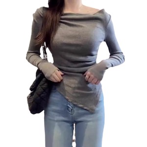 Women's Irregular Knit <b>Top</b> Asymmetry Draped Neck Off Shoulder Long Sleeve Soft Polyester Gray Black Spring Autumn Inner <b>Layer</b> - Product Image 5