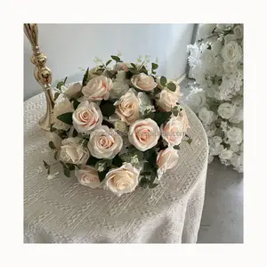 Karışık çiçek topu şeftali fildişi düğün Centerpiece yapay yeşillik masa Centerpiece gelin düğün buketi dekorasyon