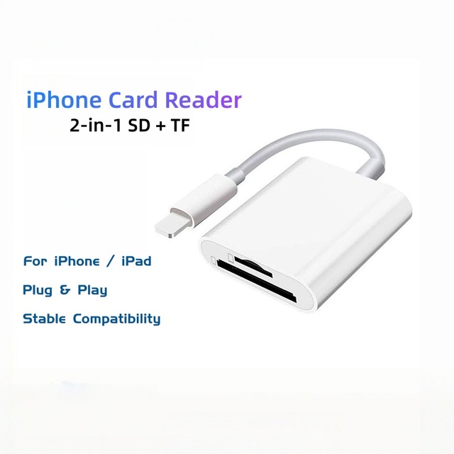 iPhone OTG Card Reader, 2-in-1 SD/TF Adapter, High-Speed Transfer for Photos & Videos