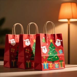 Bolsa de Papel Kraft Portátil con Asa Larga, Bolsa de Regalo Navideña, Bolsa de Color Rojo - Product Image 1