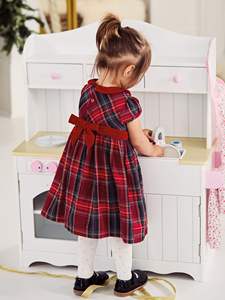 2025 на заказ, праздничное платье в клетку для девочек, детская бархатная одежда с коротким рукавом для девочек на осень и зиму, Рождественский однотонный узор - Product Image 5