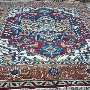 Vintage Heriz Hand Knotted Low Pile Wool <b>Carpet</b> 8x10 ft Geometric Pattern Super Soft Eco Friendly Medium Thickness for Prayer - Product Image 1