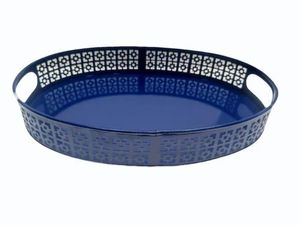Plateau de service en métal bleu avec poignées métalliques, design géométrique en treillis fait main, multifonctionnel pour la cuisine et la salle à manger, pour le Ramadan et Diwali - Product Image 3