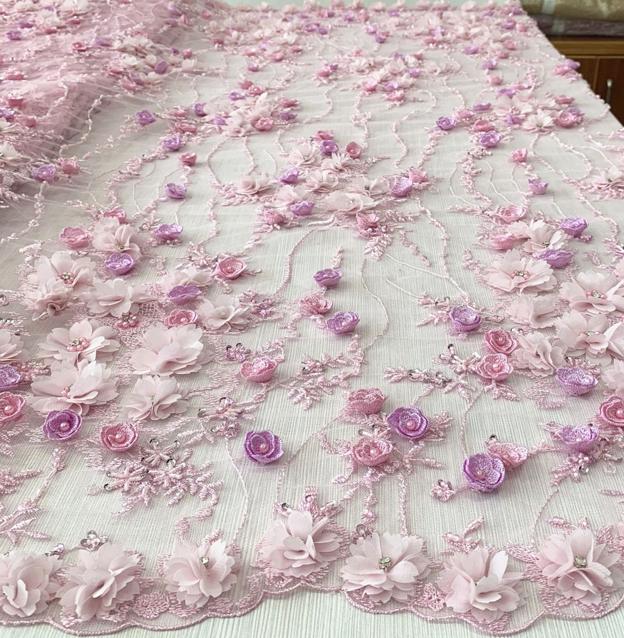 Лидер продаж, розовое кружево, 3d Цветочная вышивка из бисера, кружевная Тюлевая ткань для высококачественных платьев, модные складские ткани