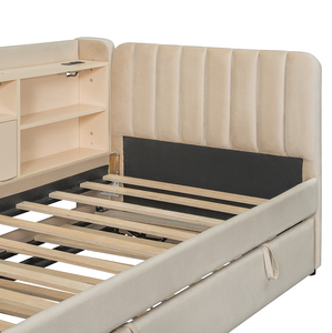 Modern Velvet Twin Size Adjustable Upholstered Daybed with Trundle <b>Storage</b> Shelves <b>USB</b> & Outlet (Beige) Bedroom Furniture - Product Image 5