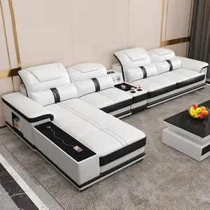 Hot Sales Professional L Shaped Modern Sectional Black and White Leather Functional Living Room Sofas Set with Speaker for Home