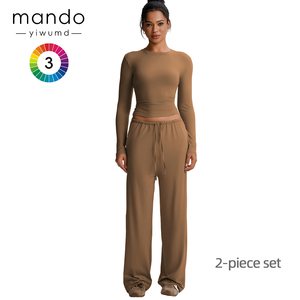 Chất Lượng Cao Polyester Thể Thao Giản Dị Thiết Lập Của Phụ Nữ Mềm Mại Mỏng Phù Hợp Với Dài Tay Áo T-Shirt Và Baggy Quần Với Túi - Product Image 3